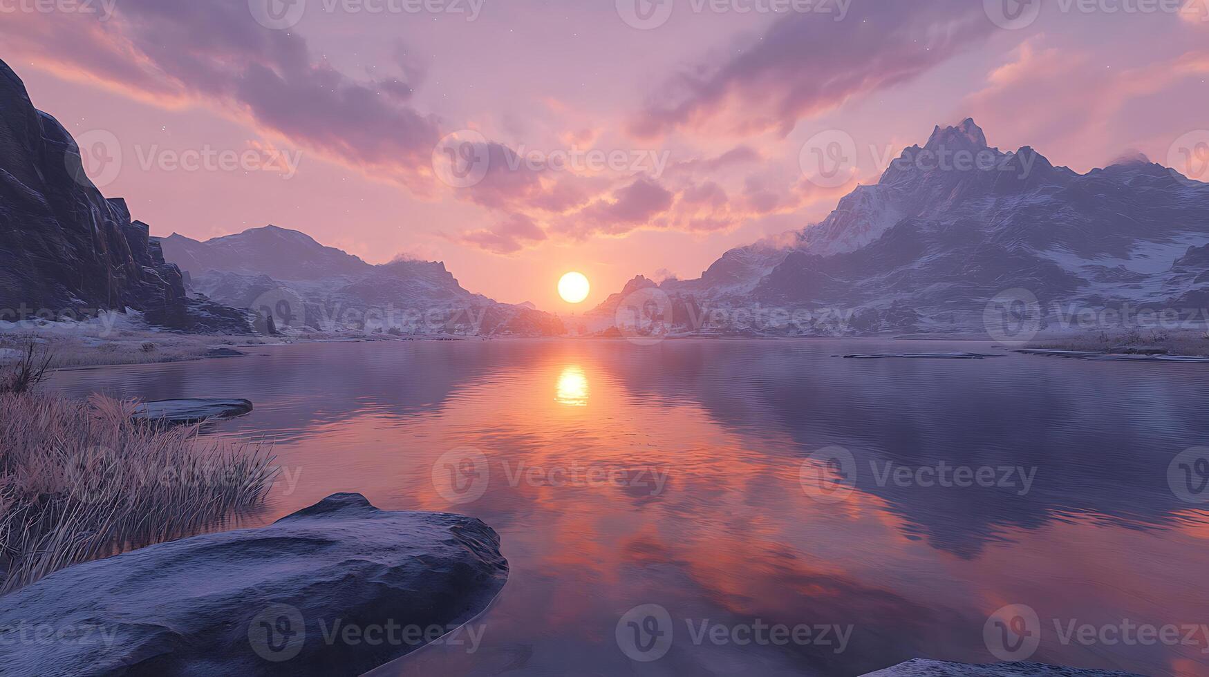Serene Mountain Lake Sunset with Stunning Reflections and Snowy Peaks photo