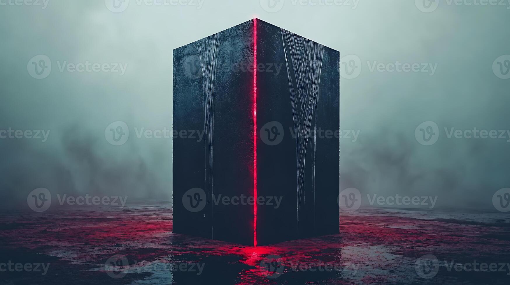 Mysterious Black Monolith with Red Glow in Foggy Landscape photo