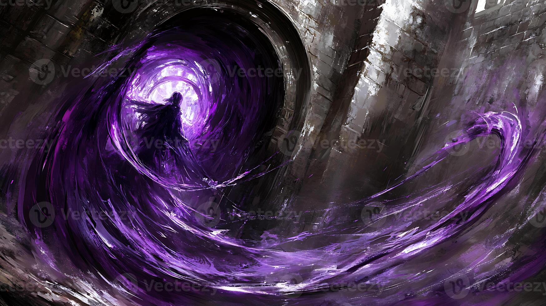 Mysterious Figure Using Purple Energy in an Ancient Stone Structure photo