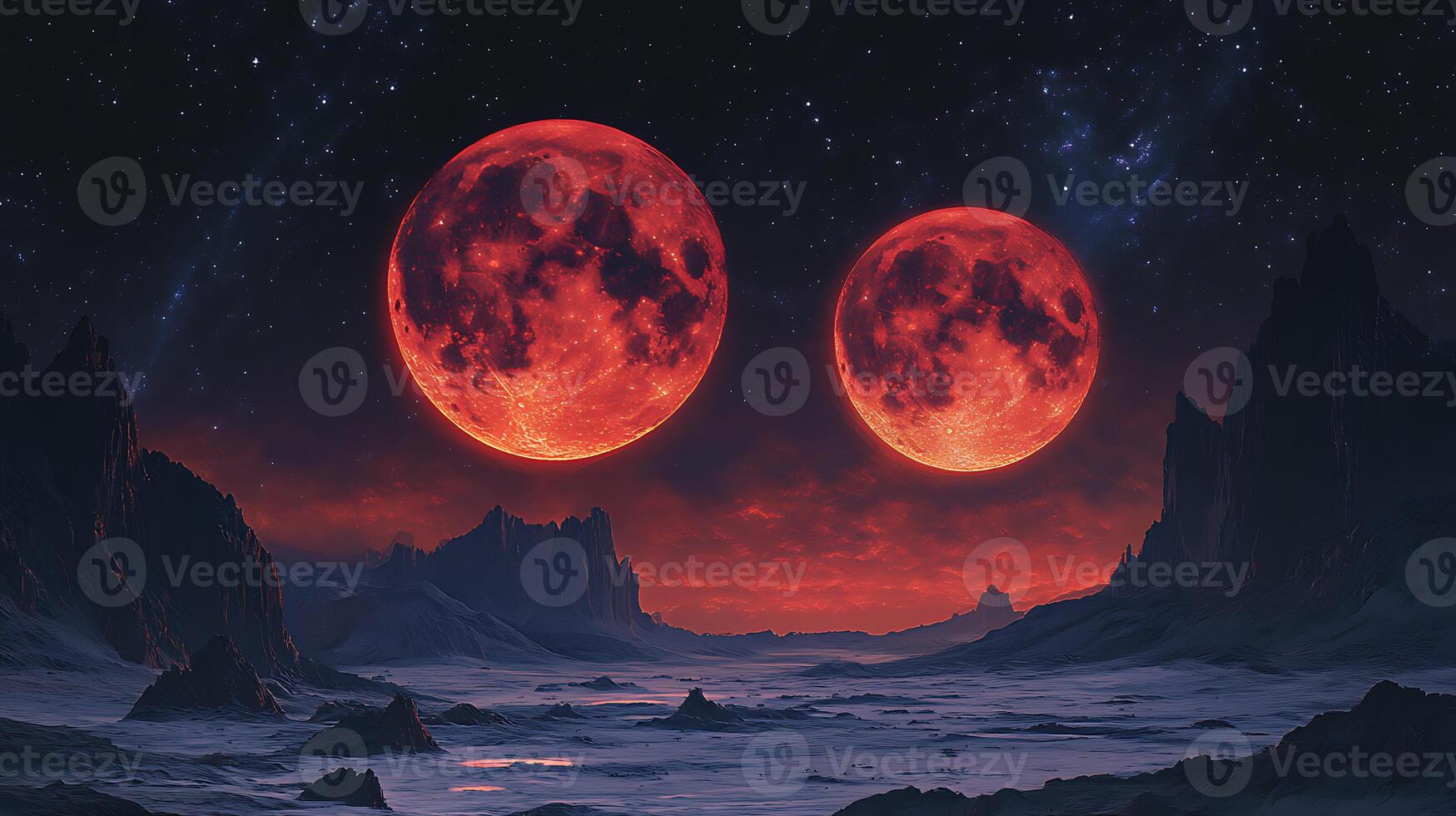 Majestic Alien Landscape With Two Red Moons Illuminated by a Starry Sky photo
