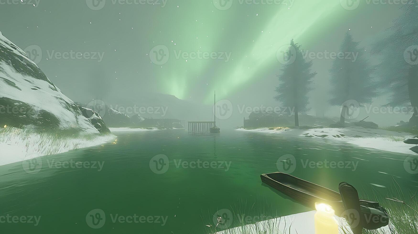Northern Lights Illuminating a Snowy Landscape with a Calm River Scene photo