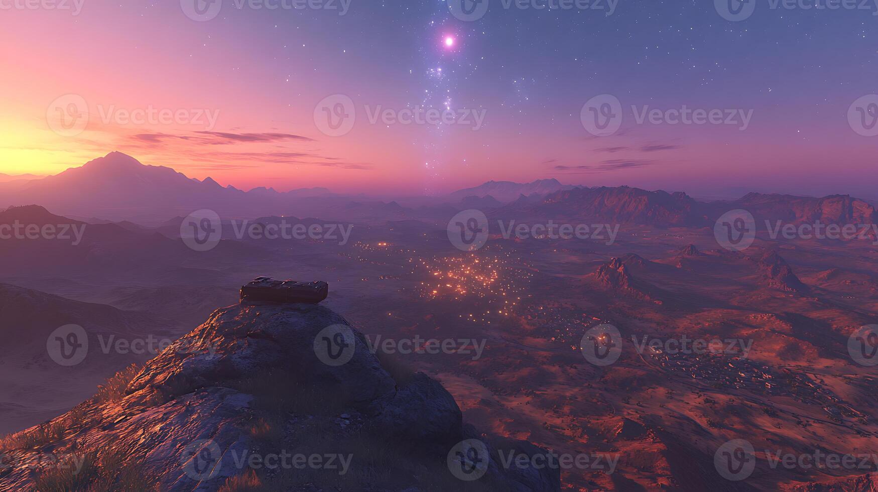 Scenic Canyon Landscape at Sunset with Starry Twilight Atmosphere photo