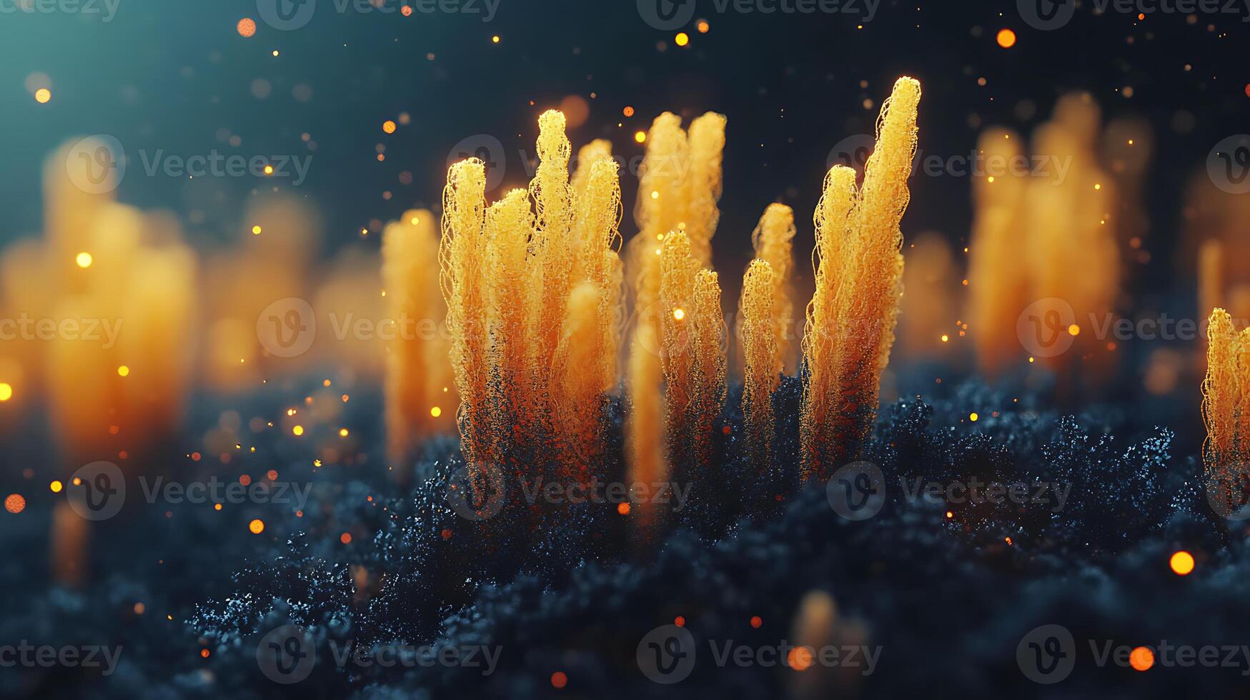 Golden Microbial Growth Structures in Abstract Depth with Glowing Particles photo