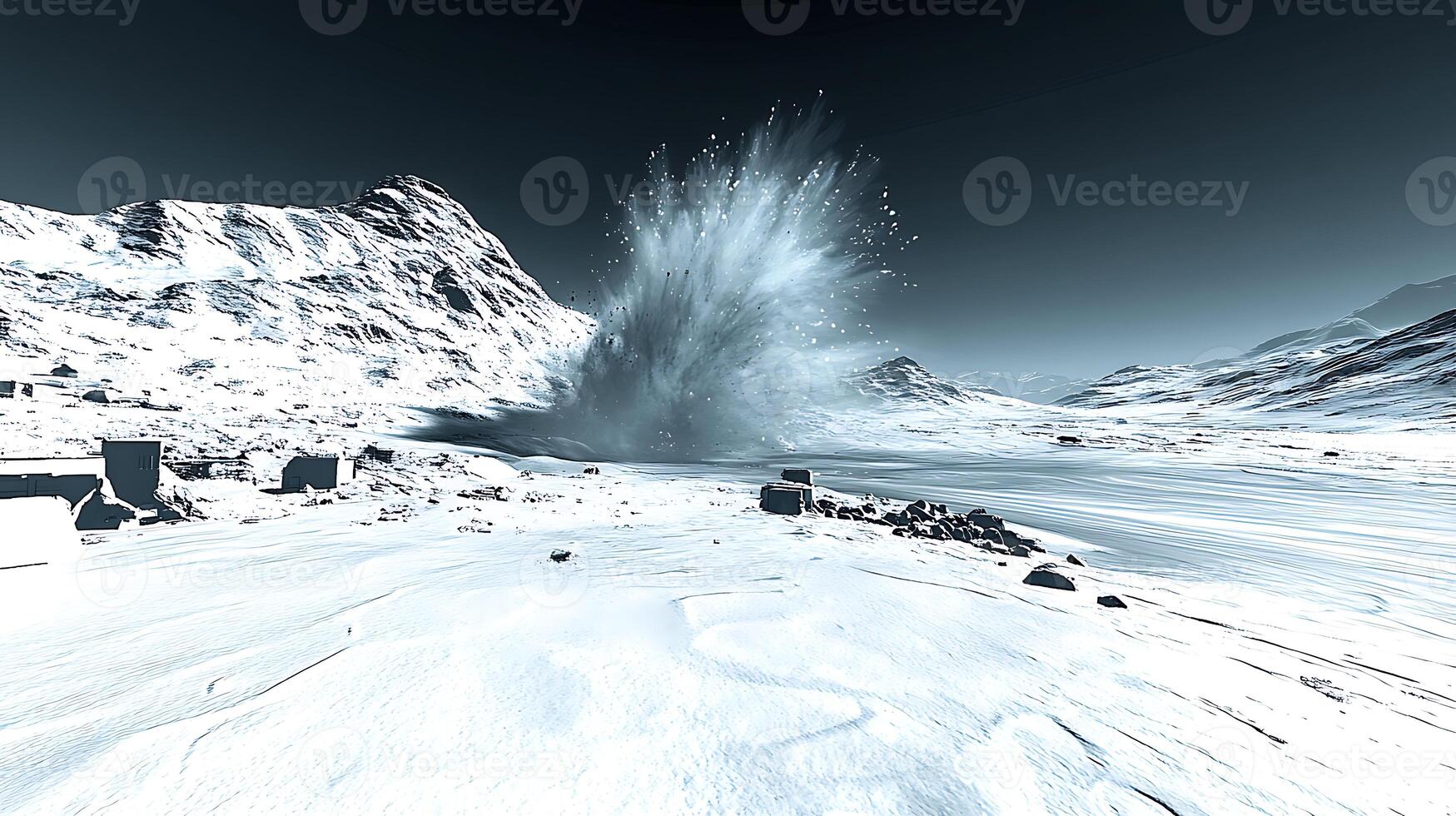 Snow-Covered Mountain Scenery with a Powerful Explosion in the Distance photo