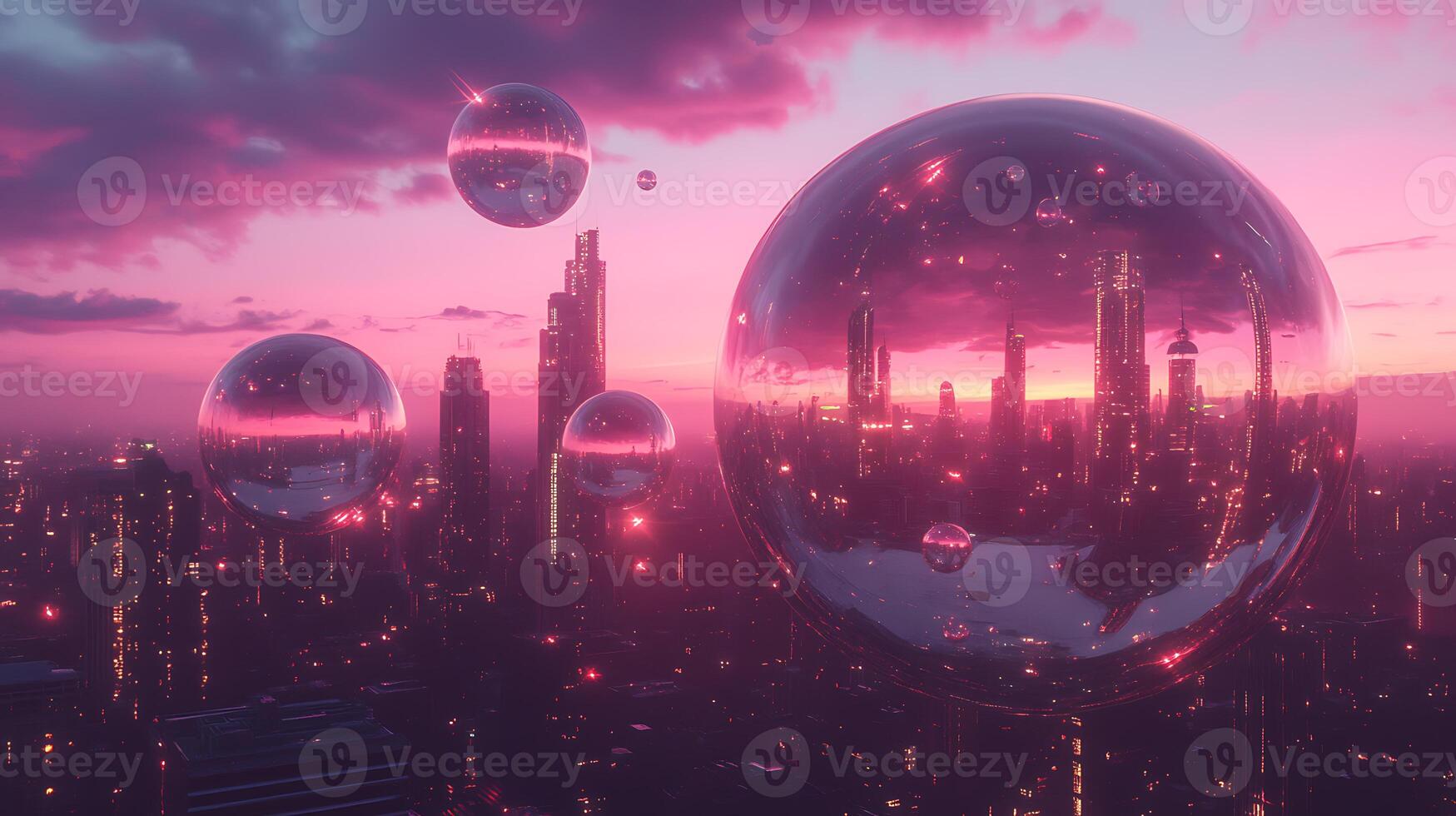 Surreal Skyline With Gigantic Reflective Orbs During Vibrant Sunset photo
