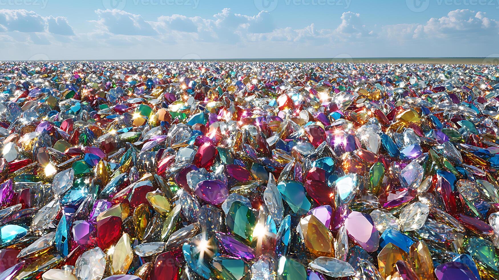 Vast Landscape of Sparkling Multicolored Gemstones Under a Vibrant Sky photo