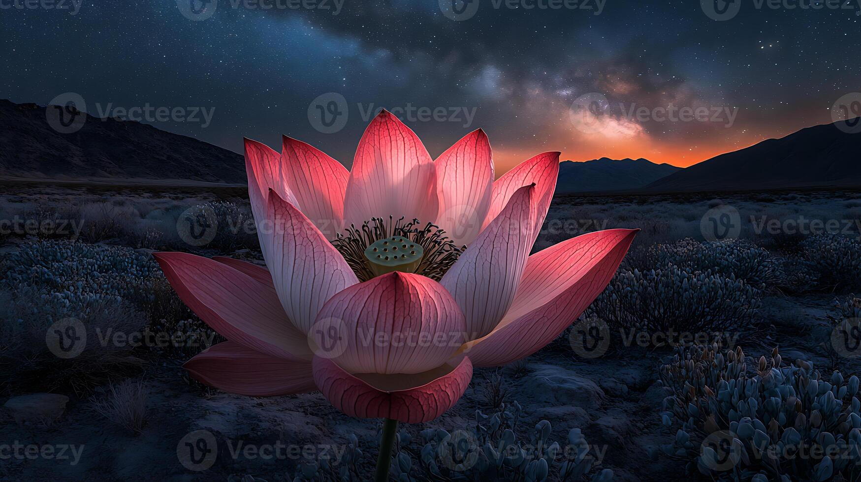 Vibrant Lotus Bloom Illuminated Under a Starry Night Sky in the Desert photo