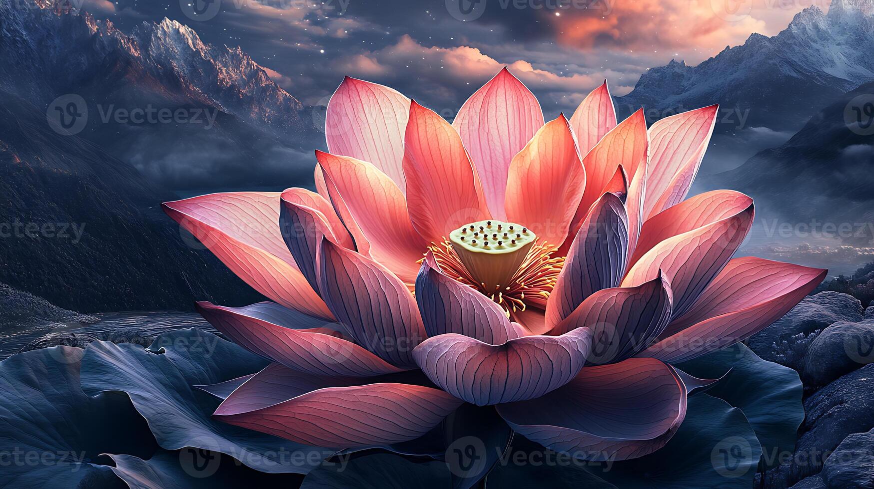 Majestic Lotus Flower Blossoming in a Mystical Mountain Landscape photo