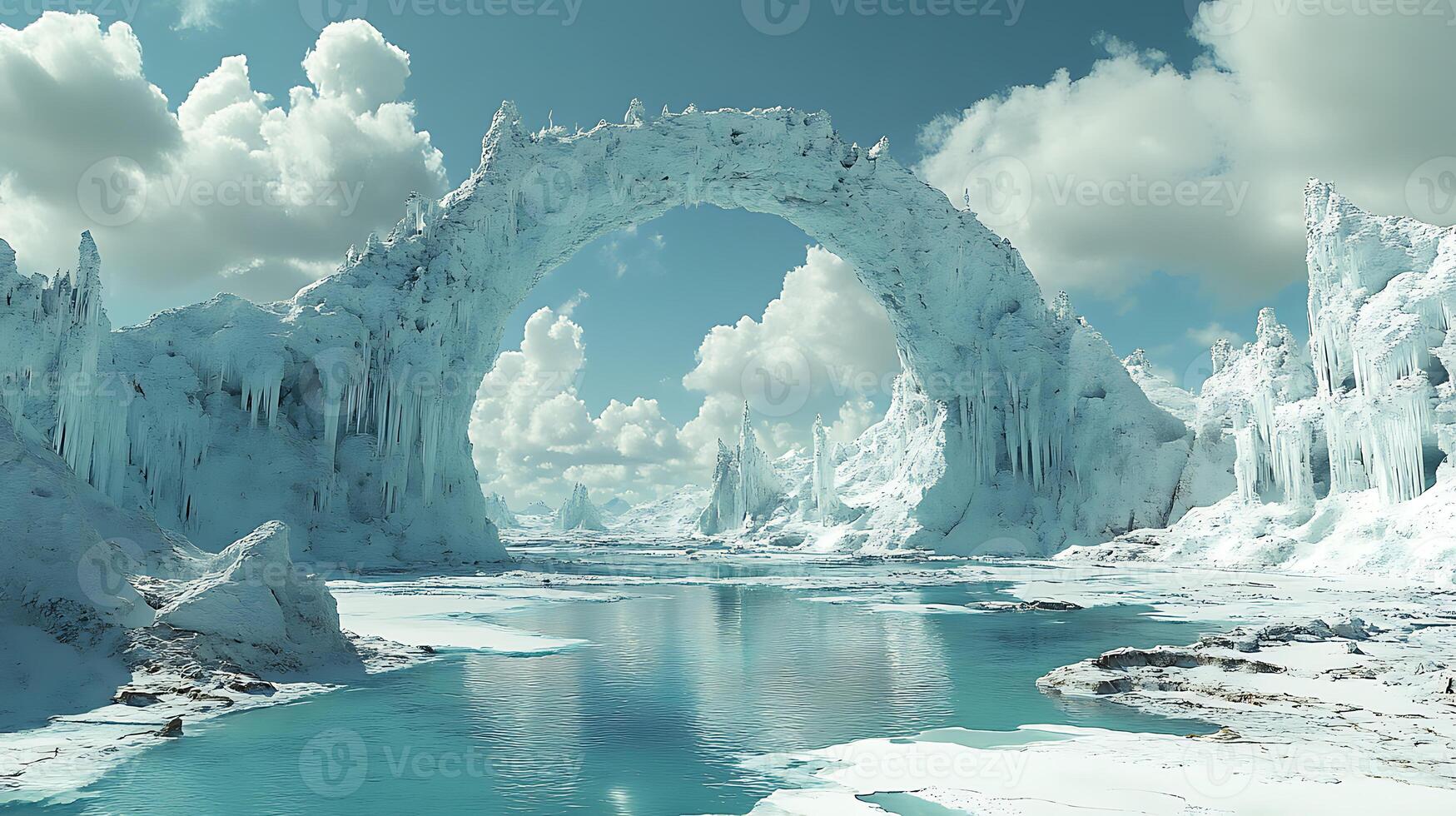 Stunning Frozen Landscape with Ice Arch and Tranquil Waters Under a Cloudy Sky photo