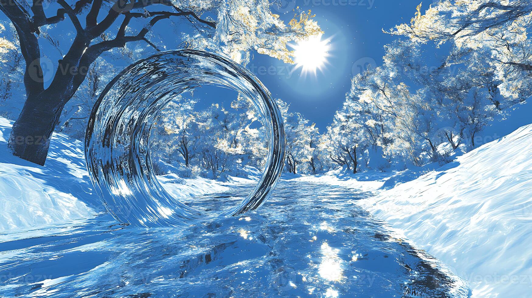 Abstract Glass Sculpture in a Winter Forest Under the Sunlight photo