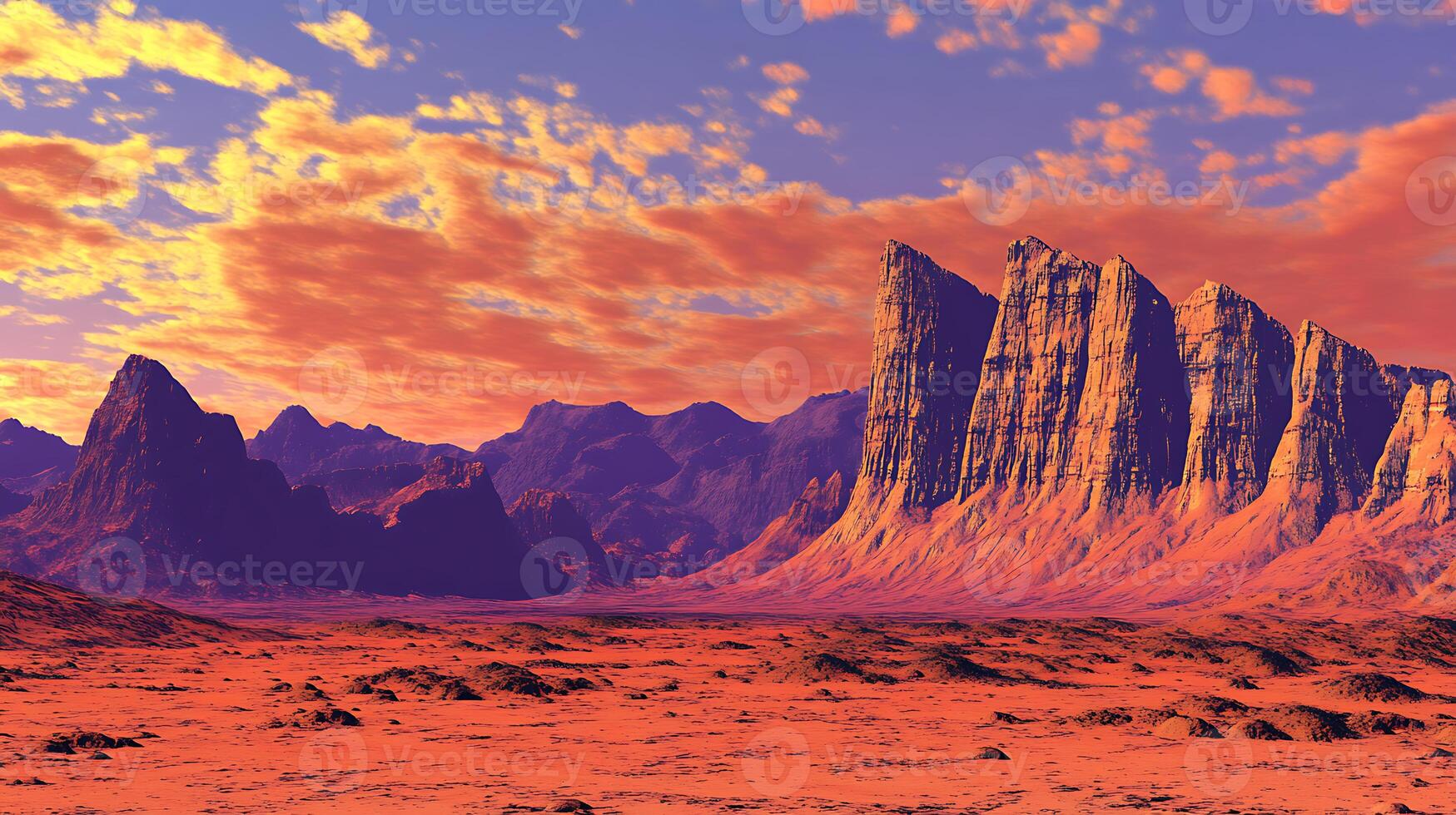 Majestic Red Rock Cliffs Under a Vivid Sunset Sky photo