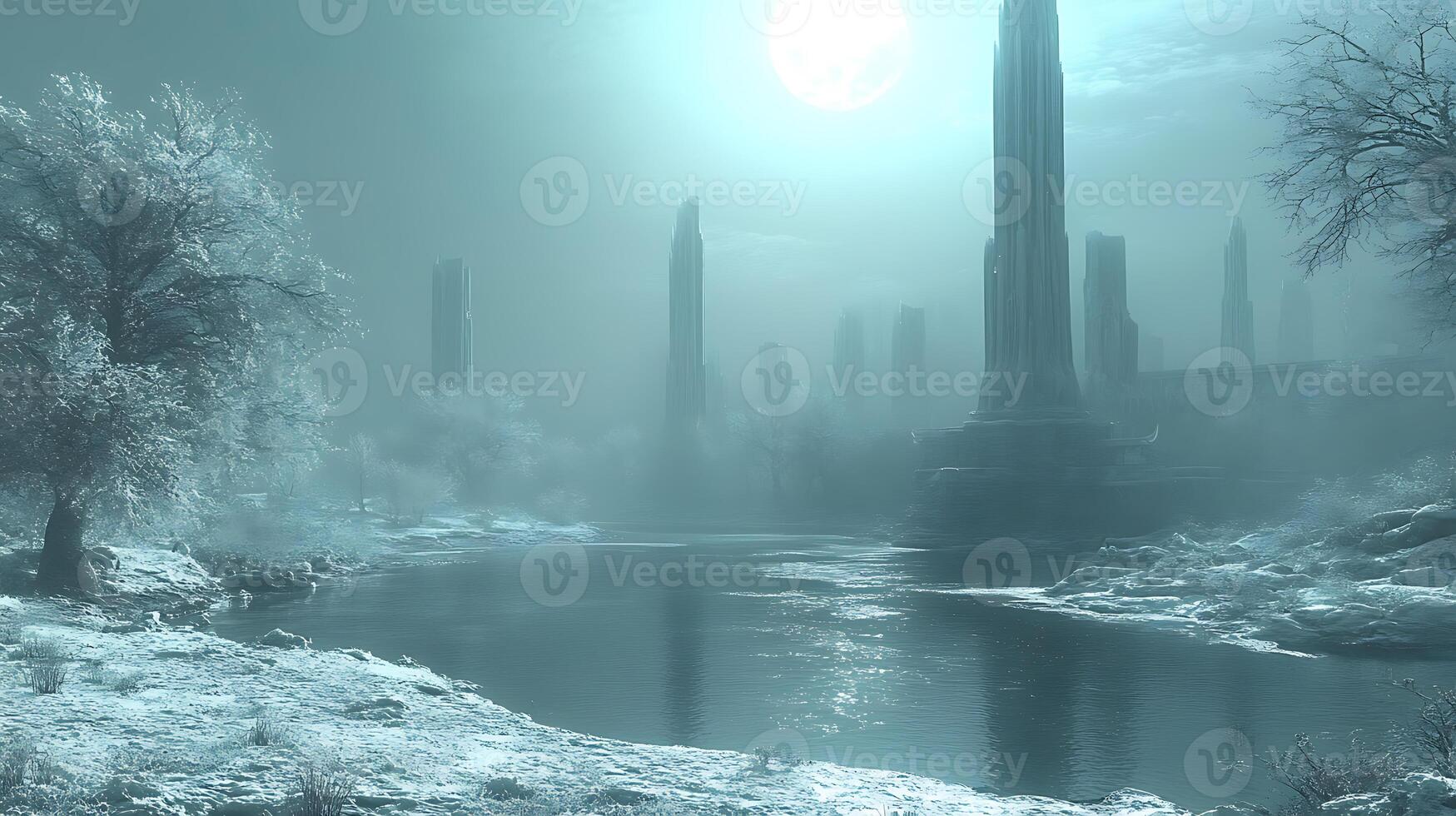 Winter Landscape with Frosted Trees and Mysterious Towering Structures photo