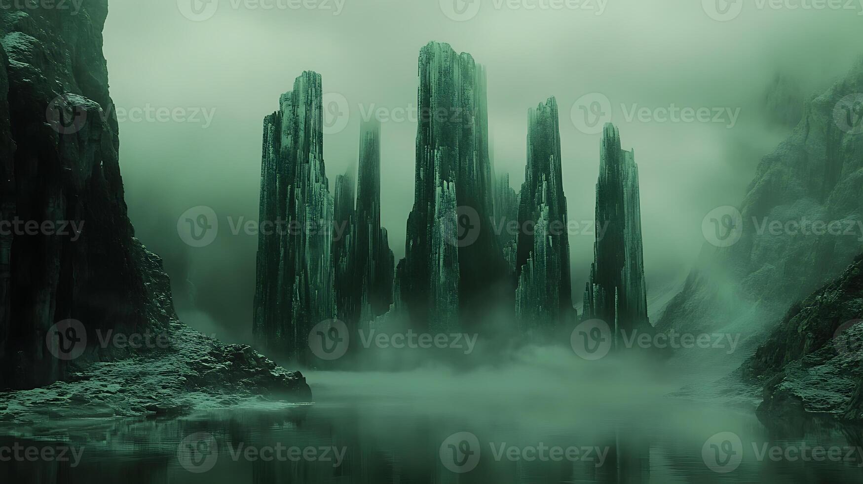 Mysterious Foggy Landscape with Towering Rock Formations by the Water photo