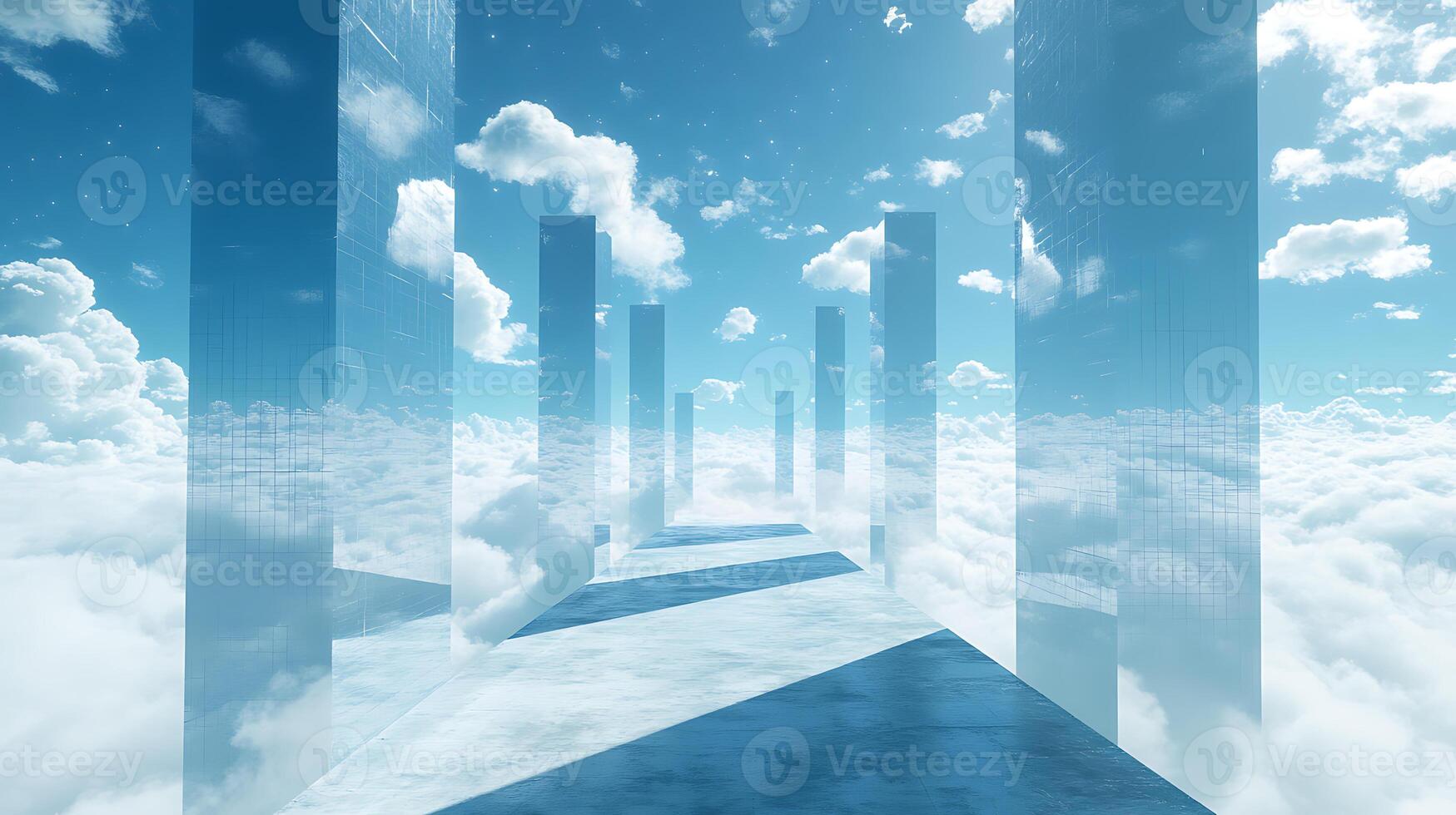 Surreal Pathway Through Glass Structures Among Clouds With Blue Sky photo