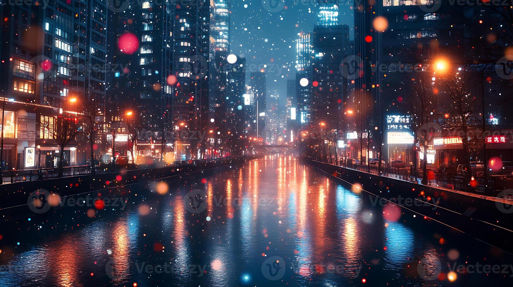 Scenic City View With Reflections During Evening Snowfall photo