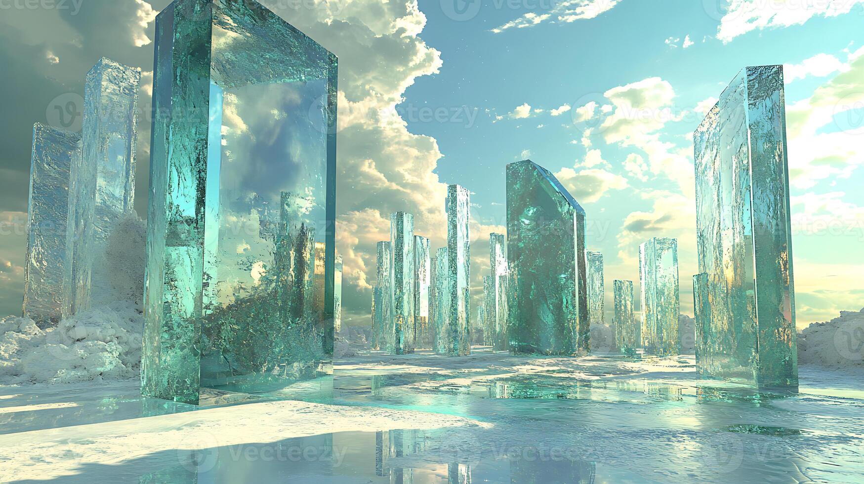 Surreal Landscape with Glass Structures Reflecting Sky and Nature photo