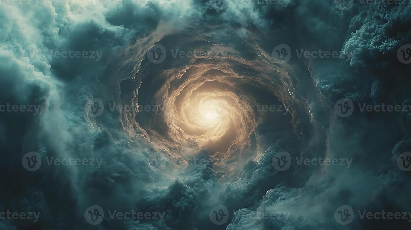 Surreal Turbulent Clouds Forming a Radiant Spiral Light Vortex photo