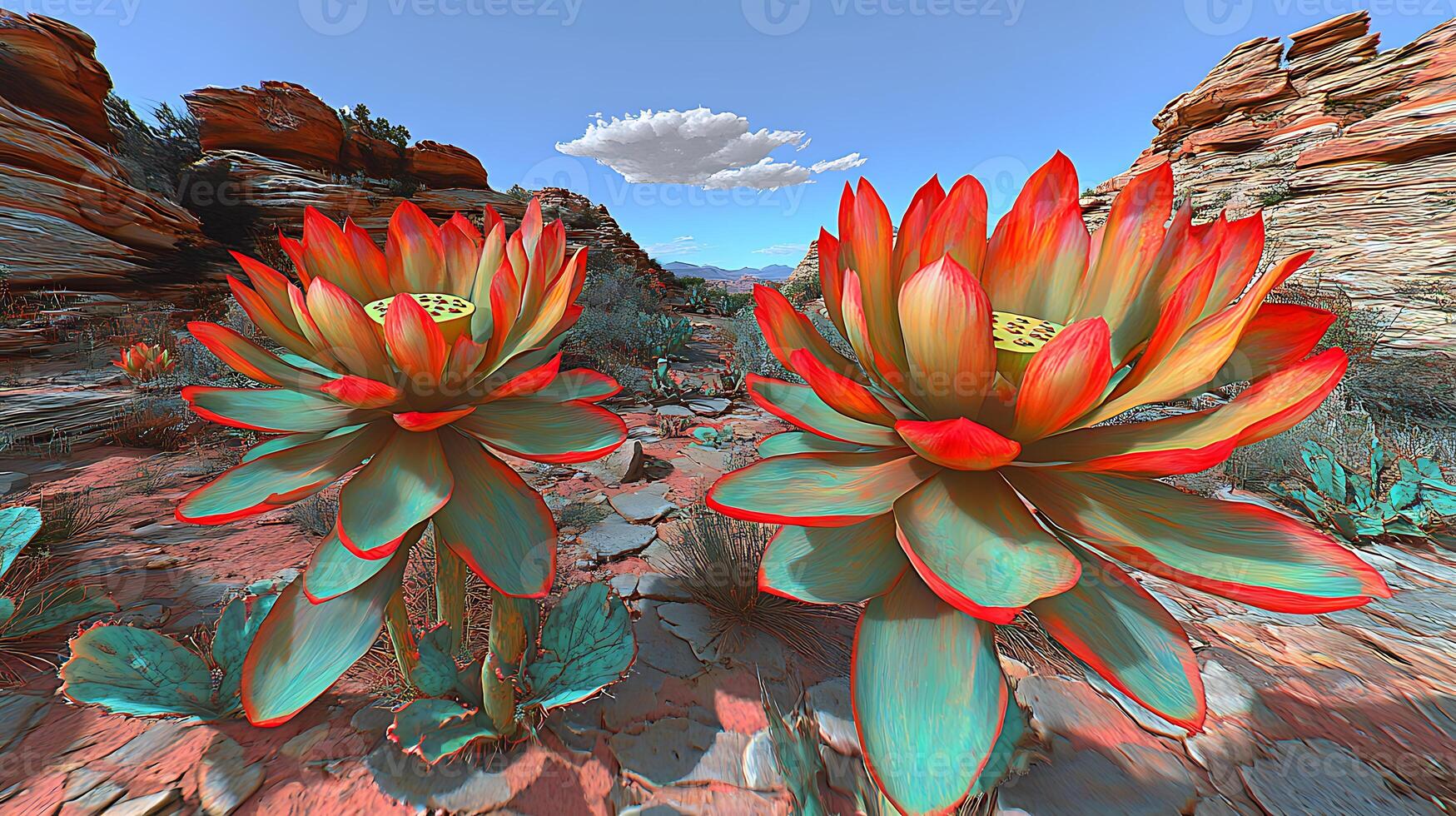 Vibrant Colorful Lotus Flowers in Breathtaking Desert Landscape photo