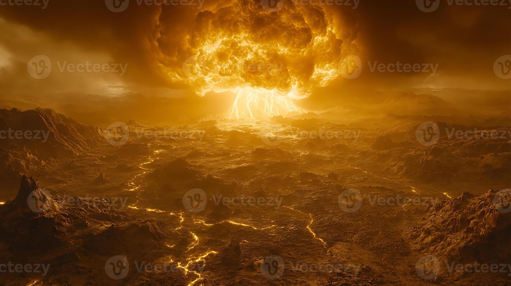 Epic Volcanic Lightning Explosion Over a Barren Landscape photo