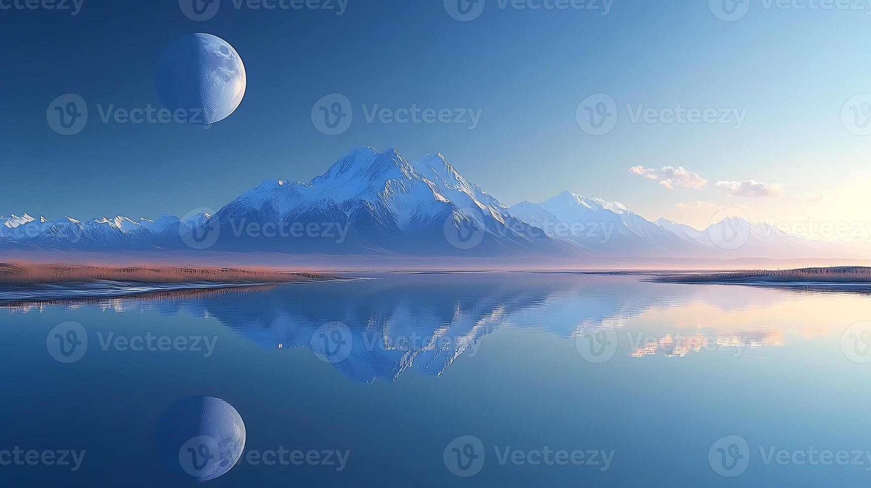 Serene Mountain Landscape with Reflection and a Large Celestial Moon photo