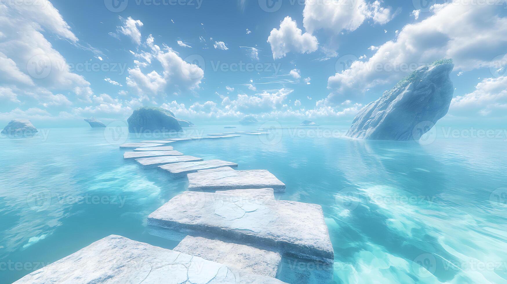 Serene Pathway Across Tranquil Waters Under a Bright Blue Sky photo