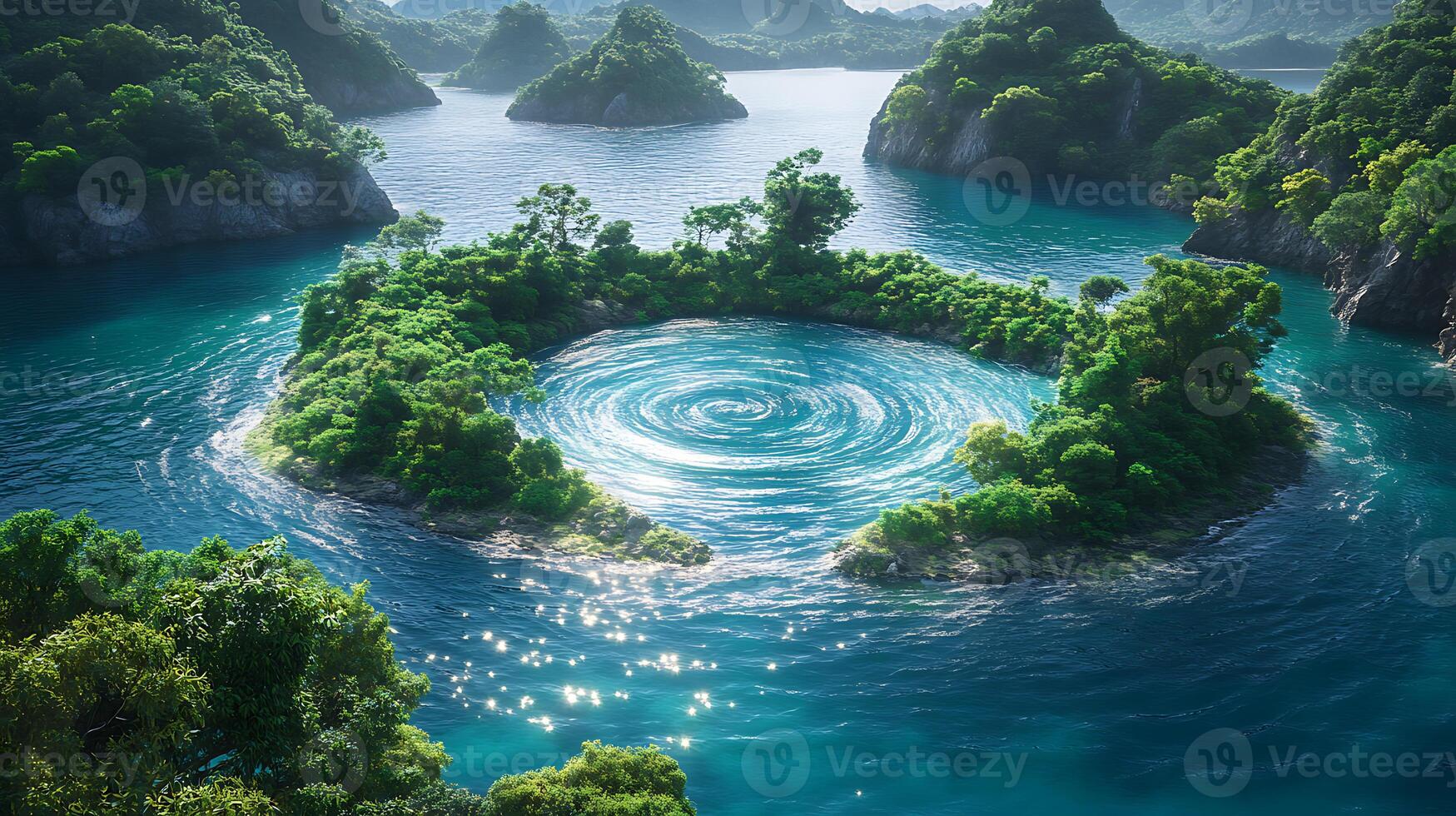 Tropical Island With Mystical Whirlpool Surrounded by Lush Greenery photo