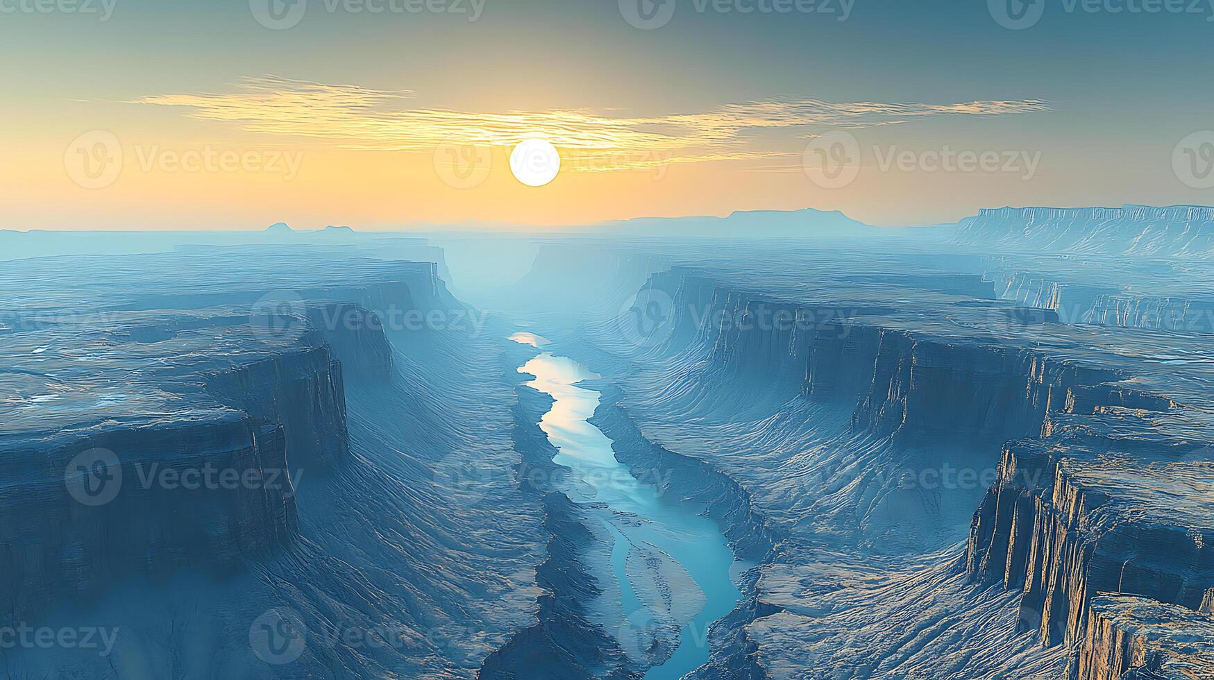 A Serene Canyon With a River Flowing at Sunrise photo