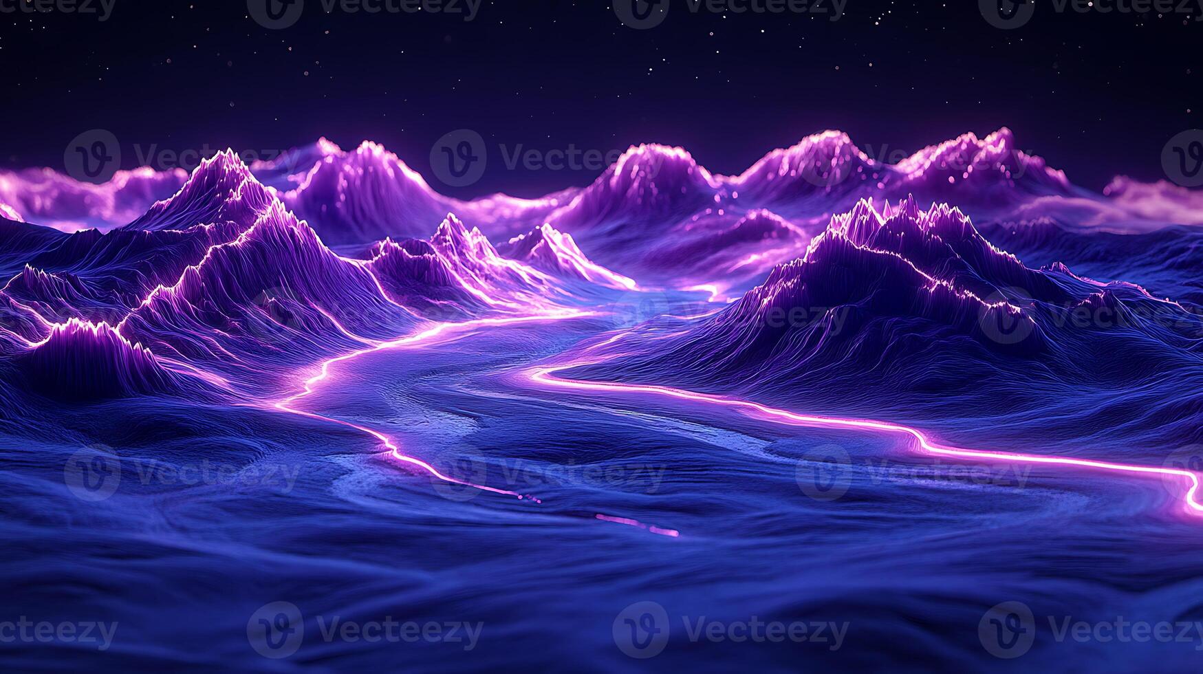 Luminous Terrain with Flowing Neon Streams Under a Night Sky photo