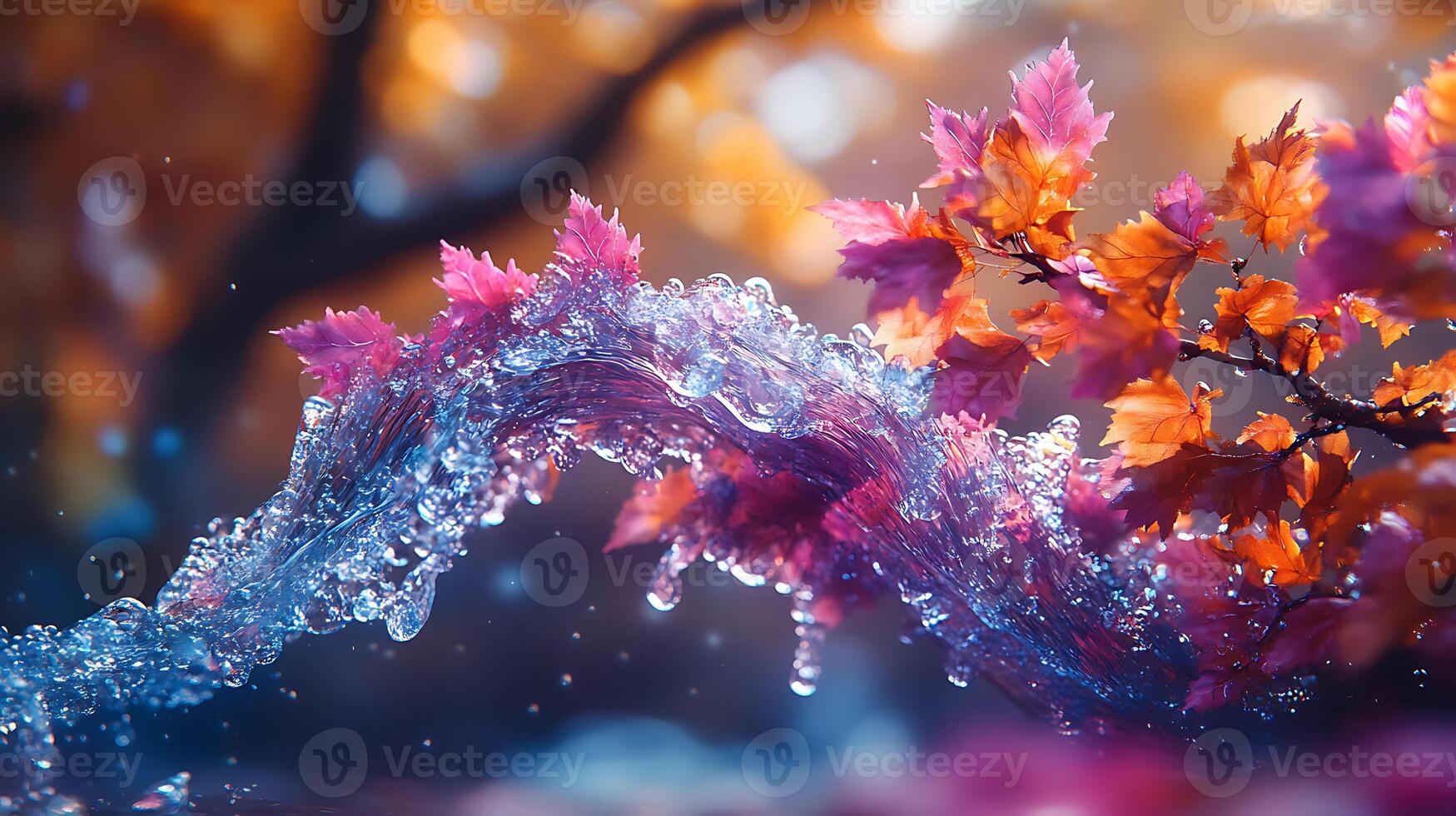 Vibrant Wave of Water Surrounded by Autumn Leaves in Ethereal Setting photo