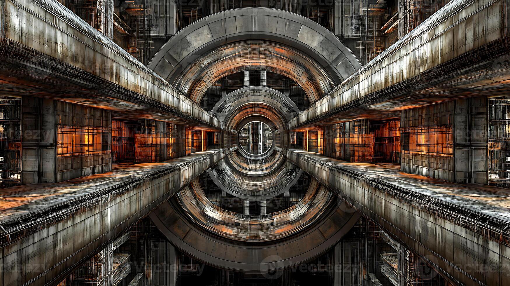 High-Density Futuristic Industrial Structure With Illuminated Metallic Details and Symmetric Design photo