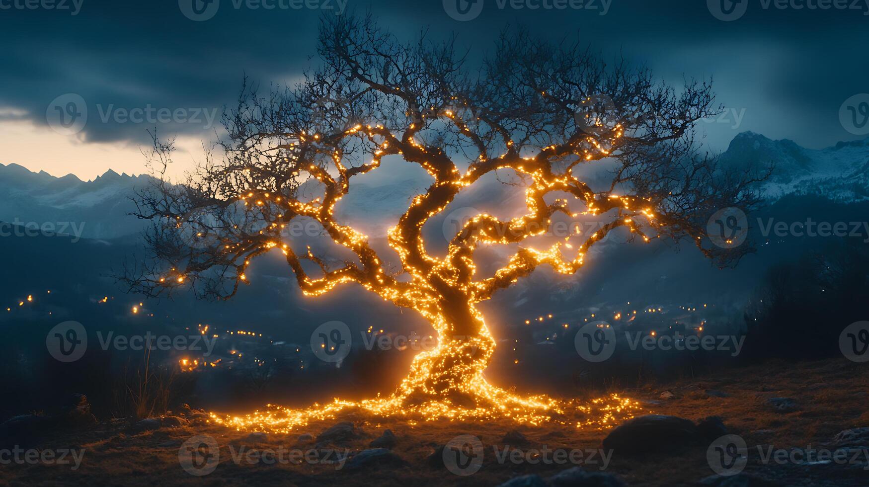 Scenic Tree Illuminated with Lights Amid a Twilight Mountain Landscape photo