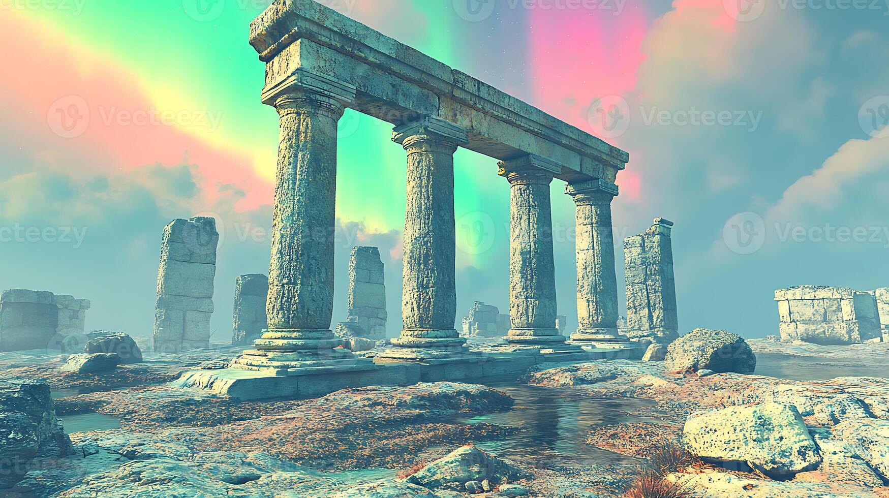 Ancient Ruins Beneath Vibrant Auroras in a Mystical Landscape photo