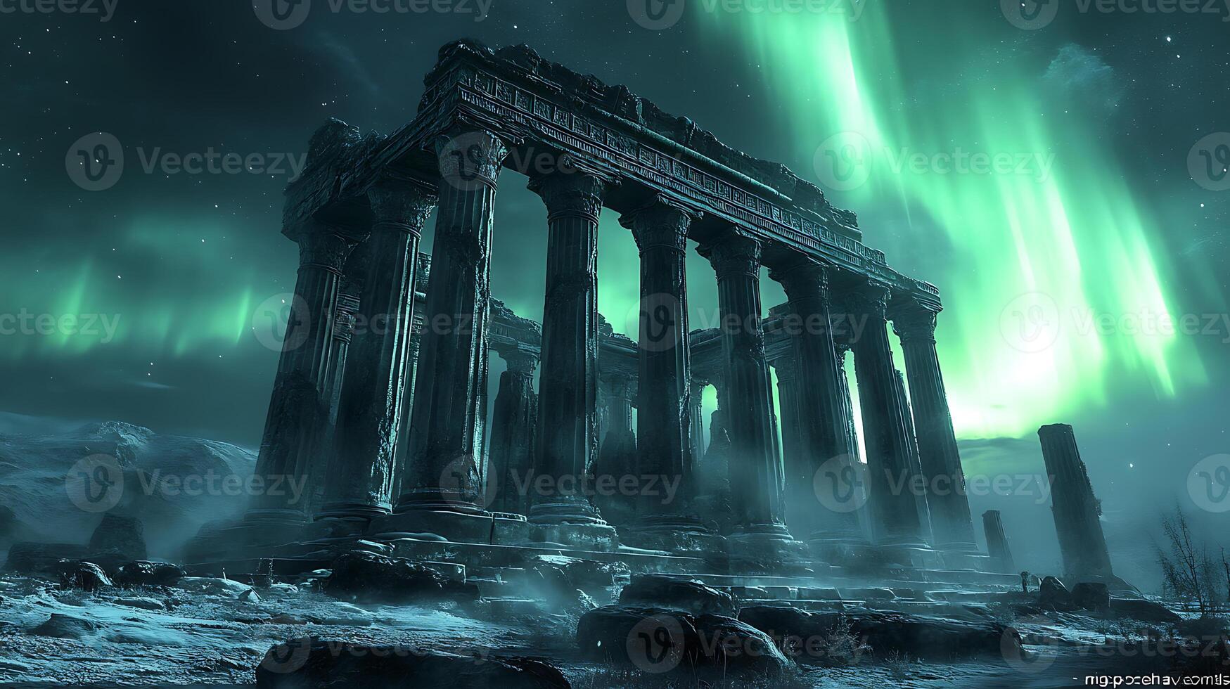 Ancient Temple Ruins Illuminated by Vibrant Aurora Borealis in Frozen Landscape photo