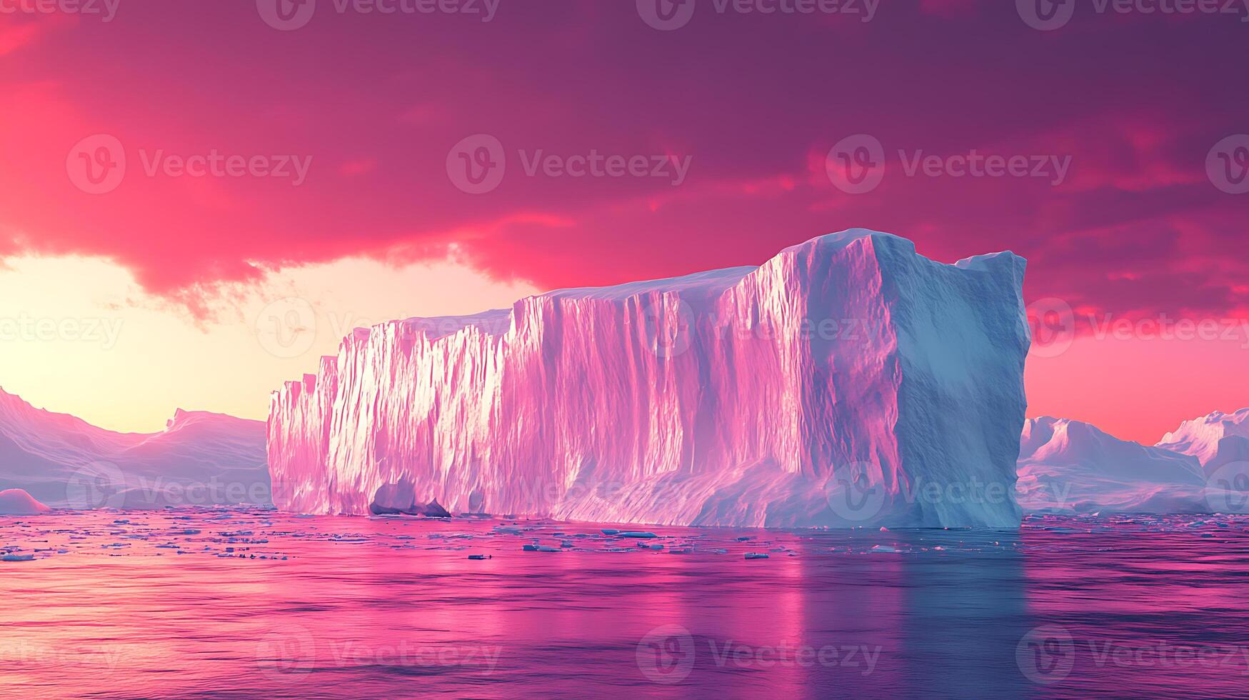 Massive Iceberg Reflecting in Polar Waters Under a Vibrant Pink Sky photo