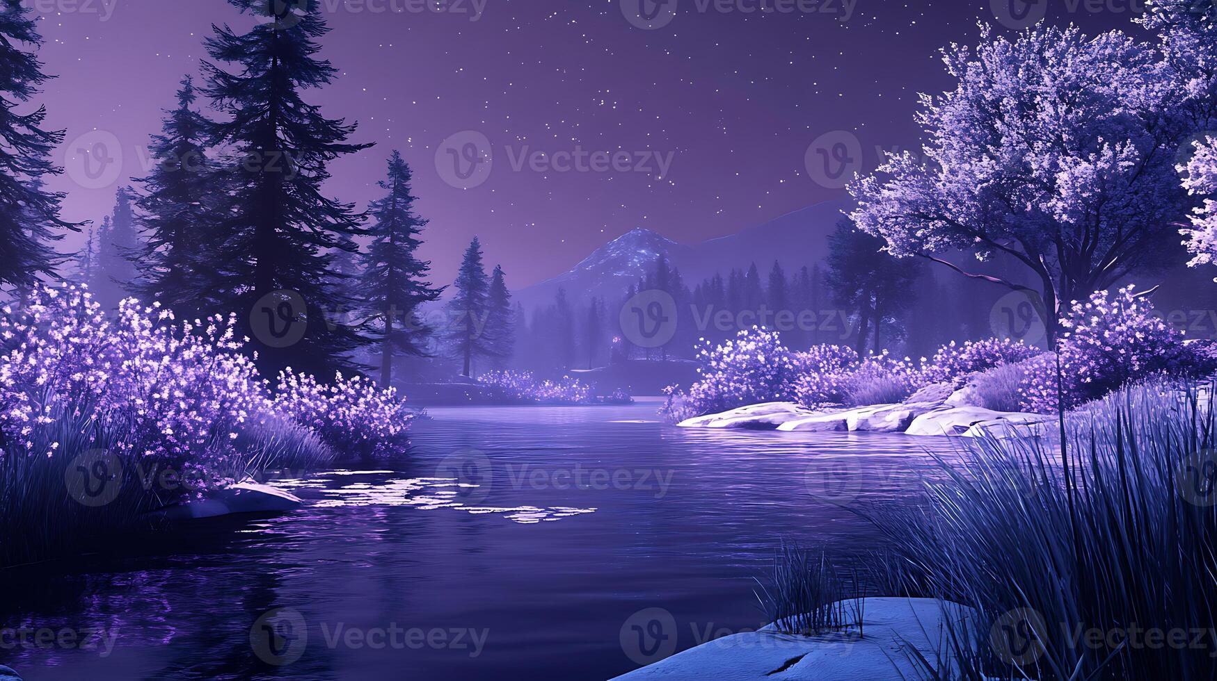 Starry Night Over a Peaceful River in a Forested Landscape photo