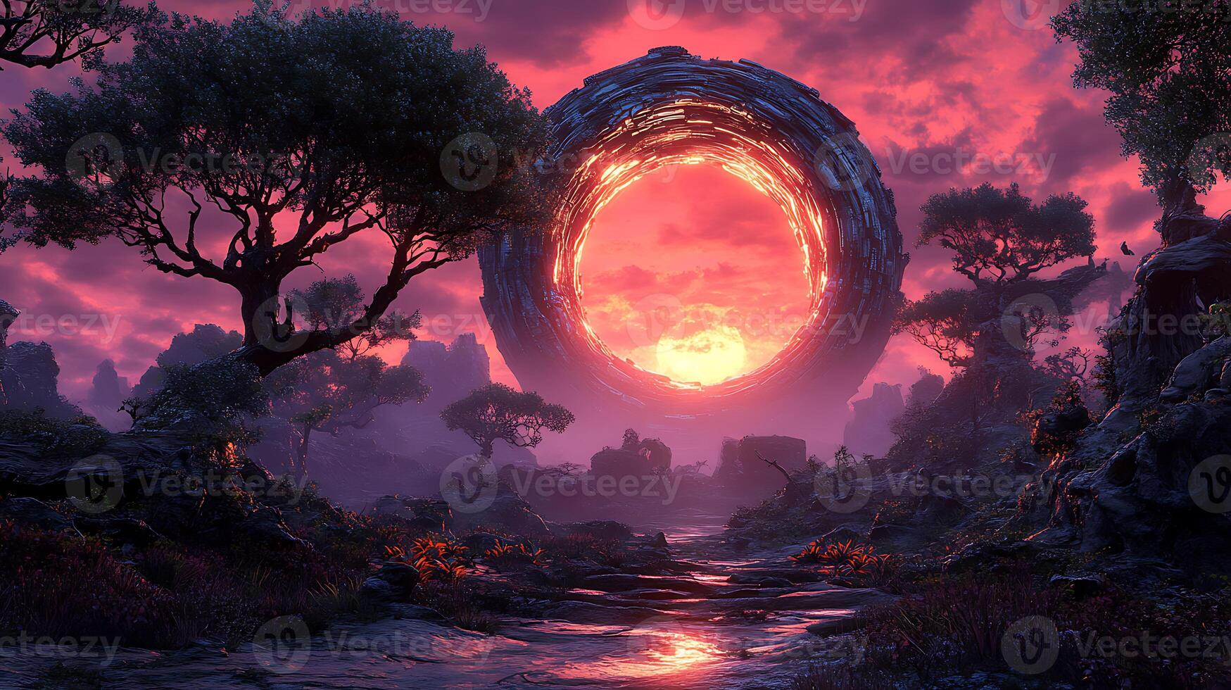 Mystical Sunset Over a Futuristic Forest Landscape With Glowing Circular Structure photo