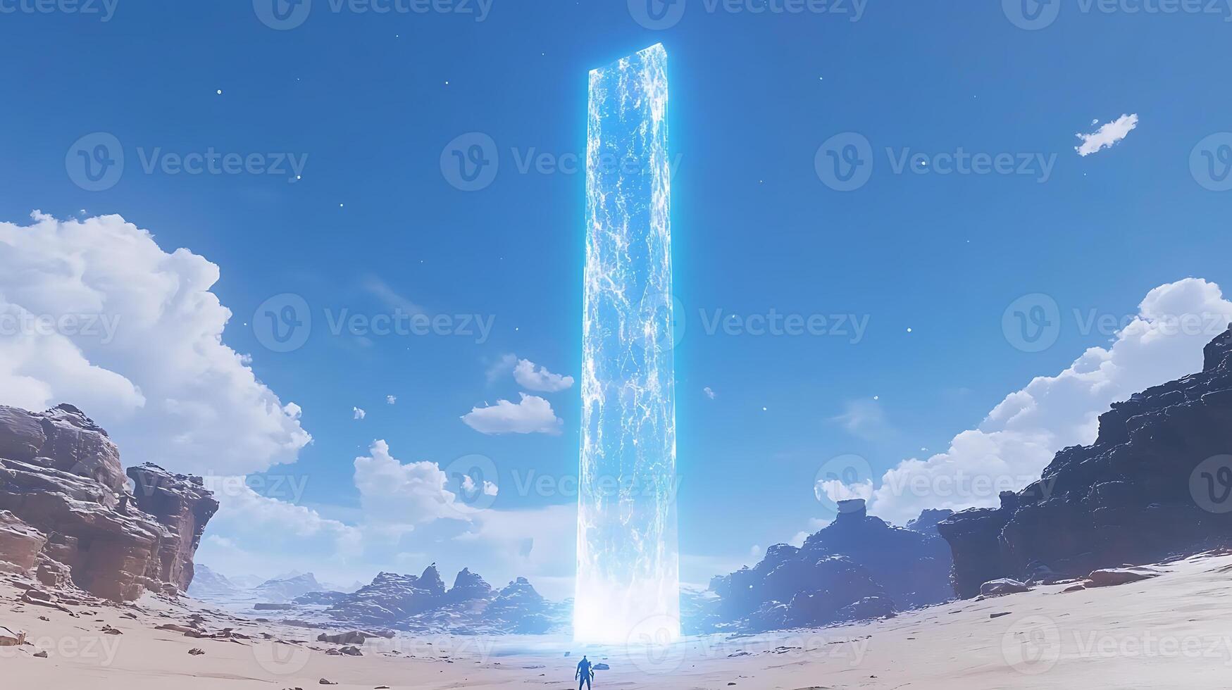 Futuristic Monolith in a Vast Desert Landscape Under a Vibrant Sky photo