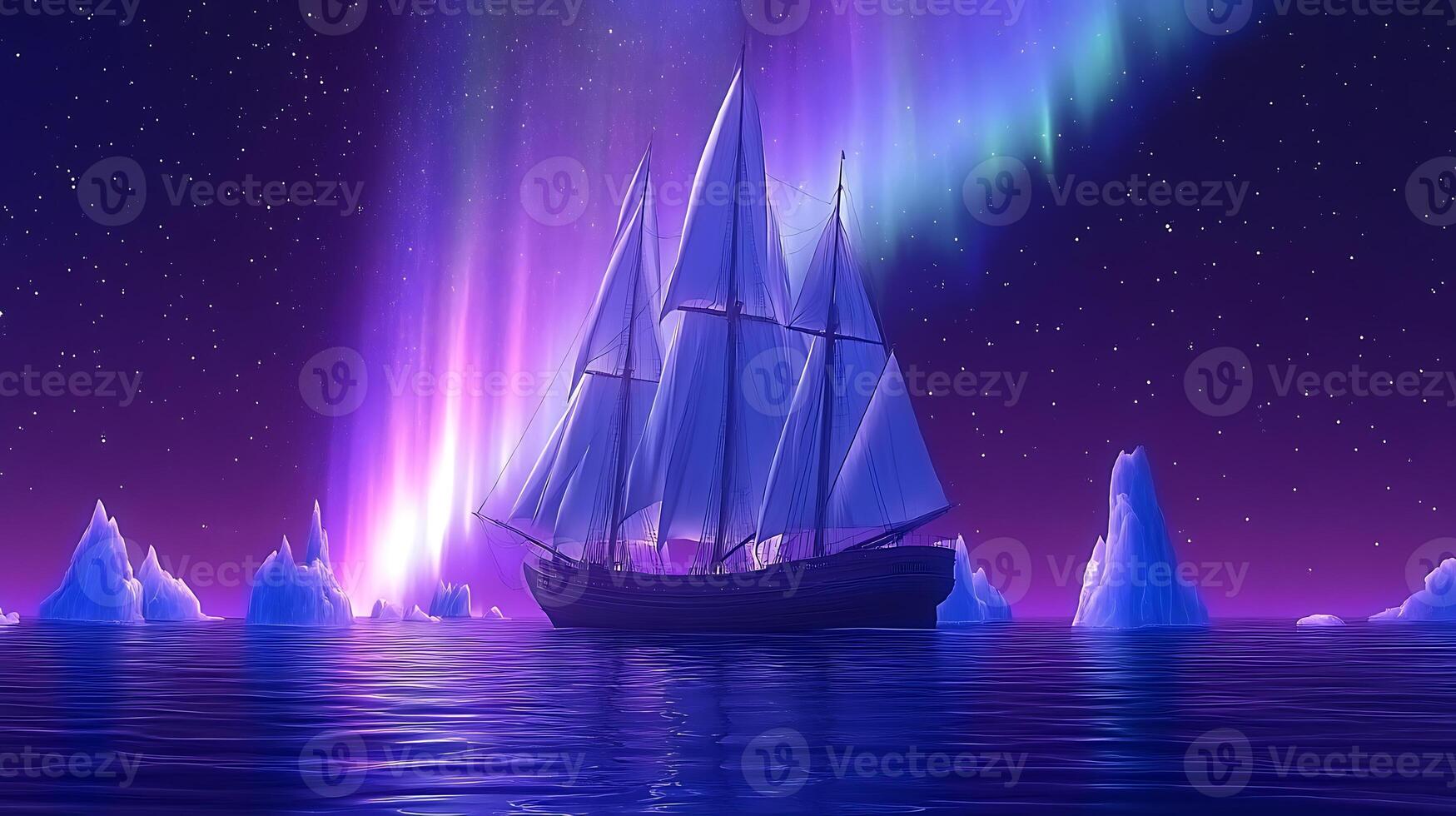 Mystical Sailing Ship Under Aurora Borealis in Arctic Waters photo