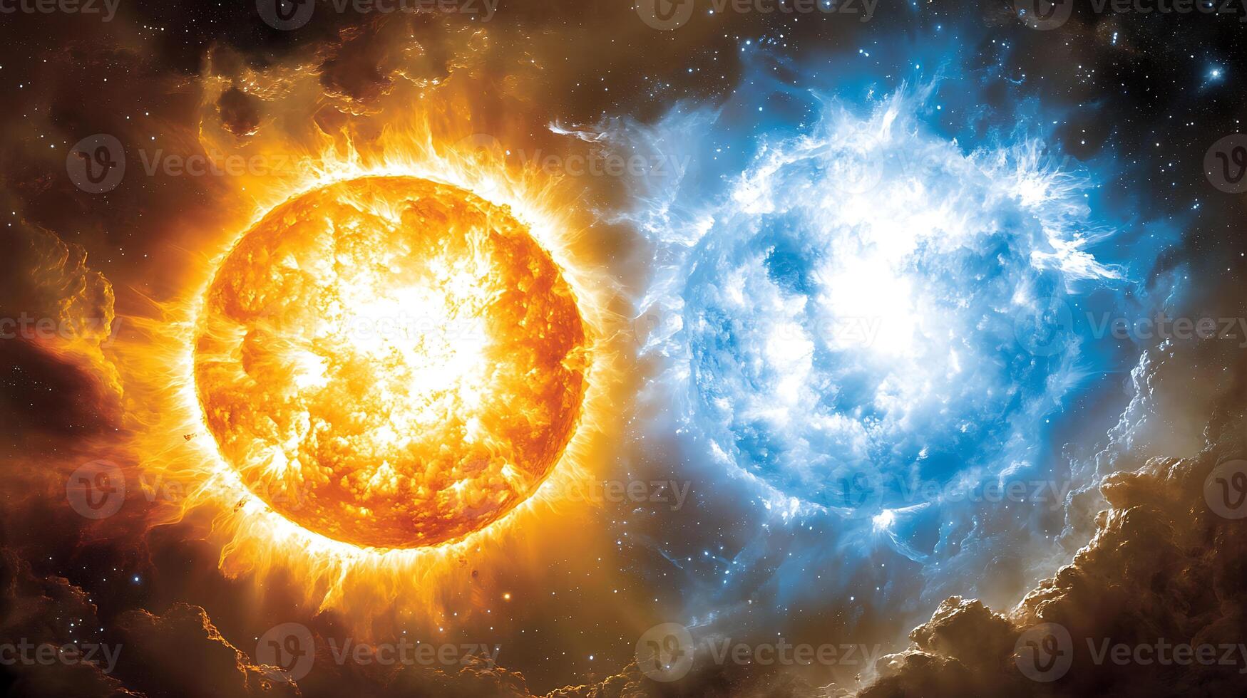 Dramatic Visualization of Fiery and Icy Cosmic Celestial Bodies in Space photo