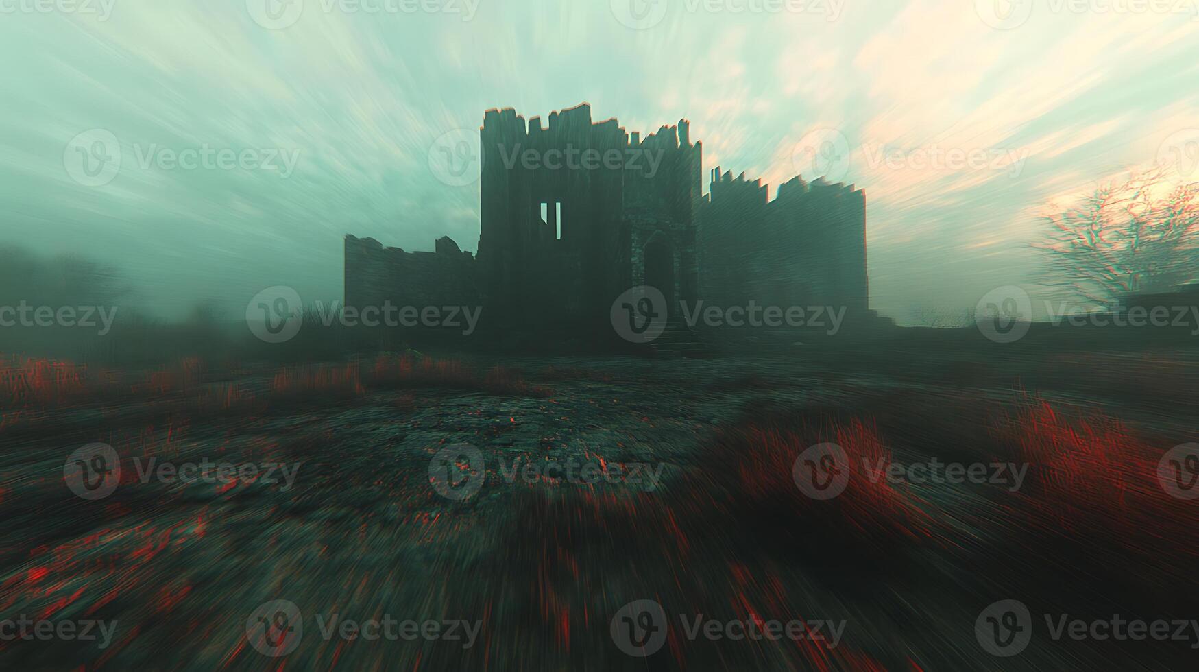 Abandoned Castle Ruin with Foggy Haunted Atmosphere and Dramatic Sky photo