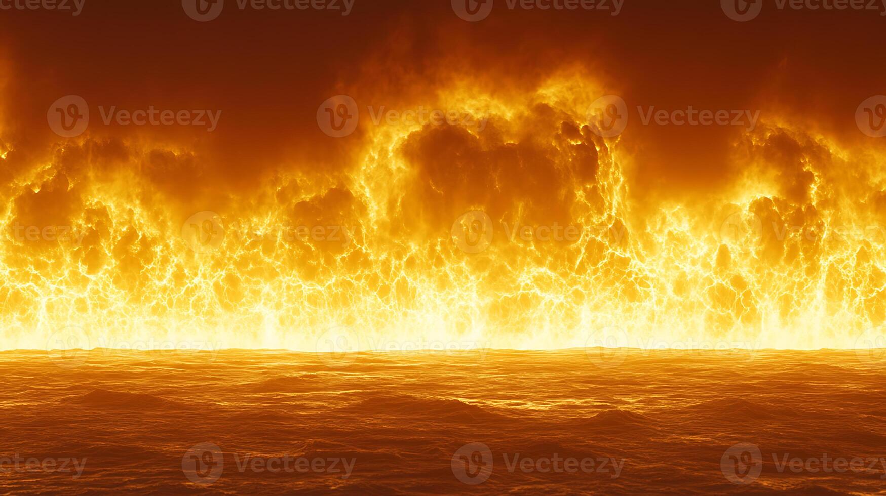 Fiery Horizon with Flames Reflecting on Calm Water Scene photo