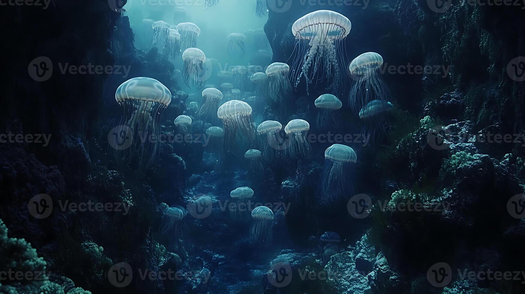 Underwater Scene of Jellyfish Gliding Through a Mystical Ocean Cavern photo