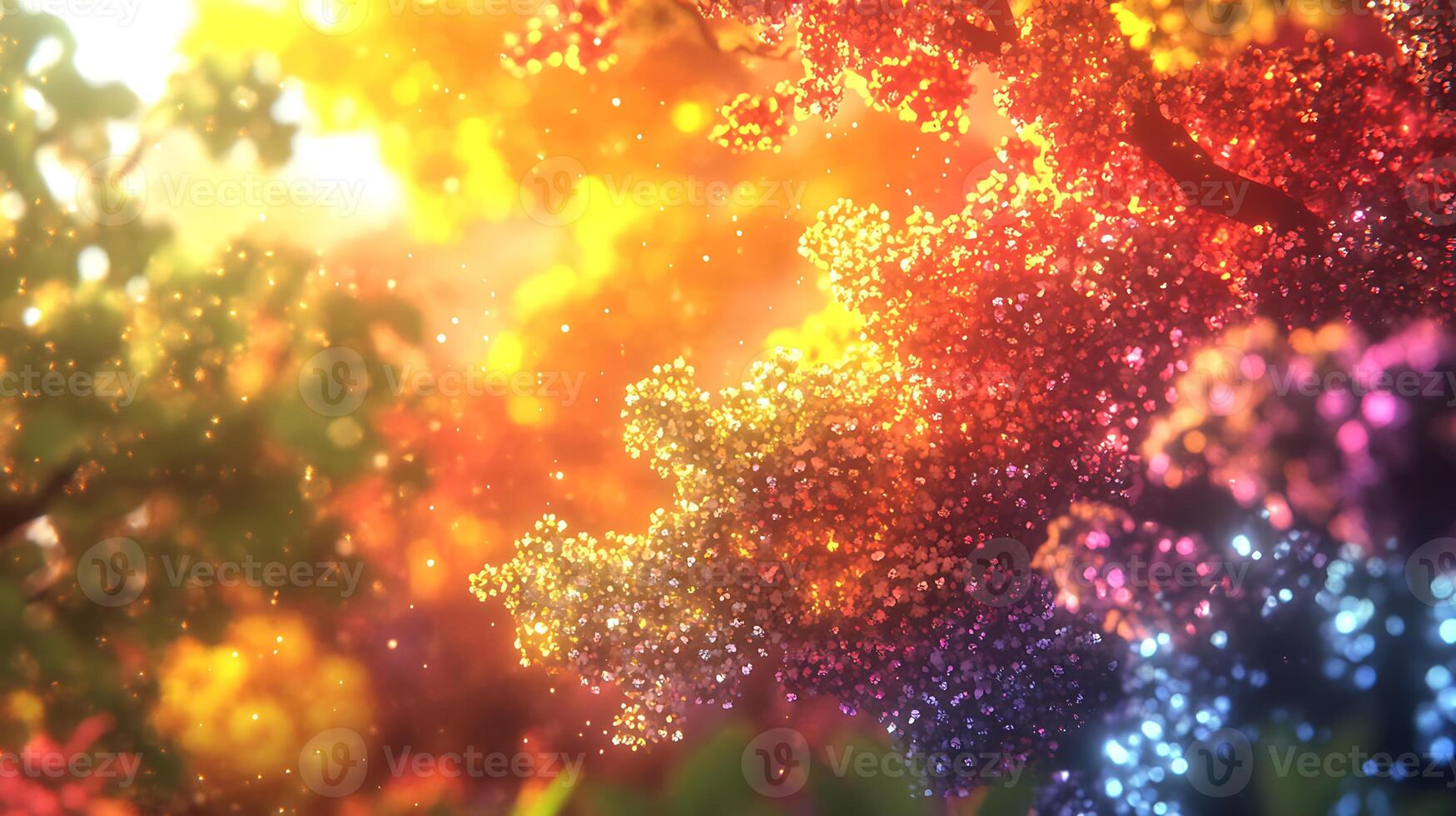 Enchanted Autumn Forest with Radiant Multicolored Foliage and Soft Sunlight Glows photo