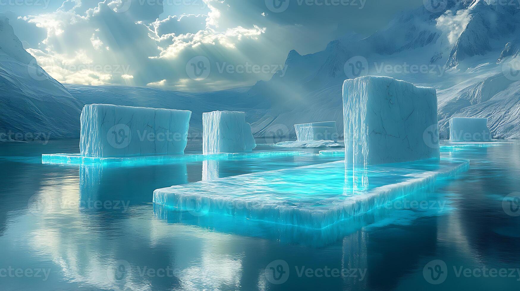 Majestic Icebergs Under Sunlit Clouds in a Serene Arctic Ocean Scene photo