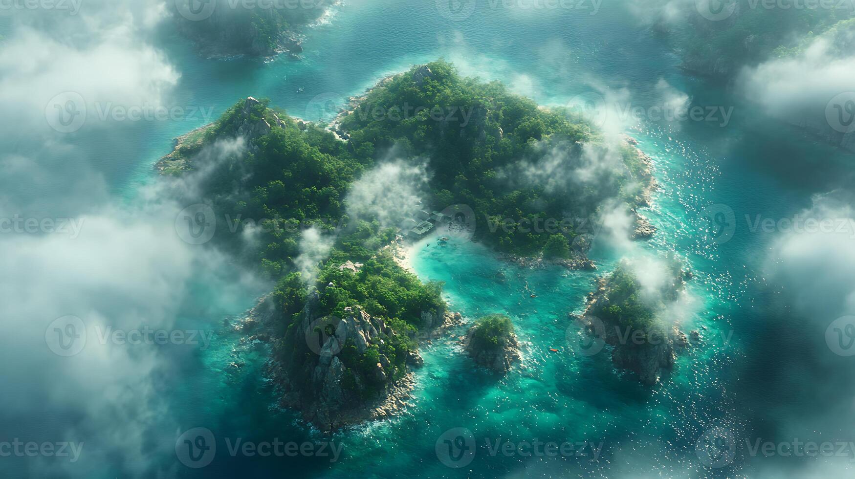 Aerial View of Verdant Island Surrounded by Turquoise Waters and Light Clouds photo