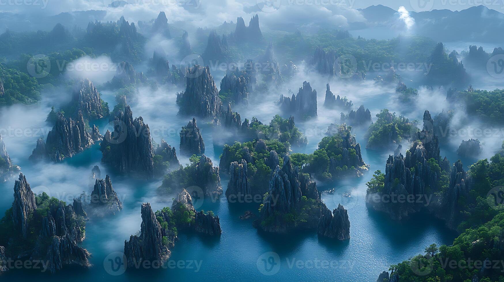 Misty Lagoon with Unique Island Formations and Lush Greenery photo