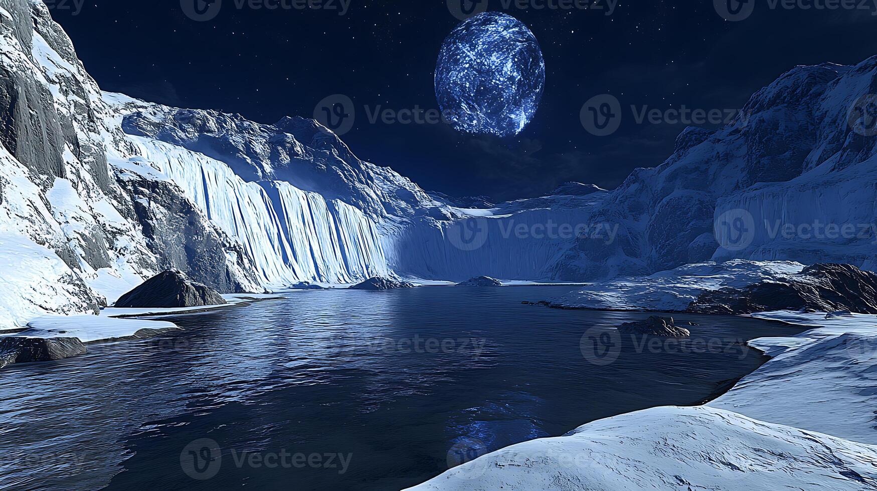 Serene Nightscape Featuring Icy Cliffs, Clear Waters, and a Luminescent Full Moon photo