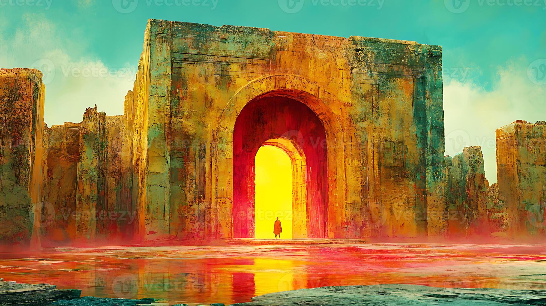 Solitary Figure Passing Through Majestic Ruins Under Vibrant Sky photo
