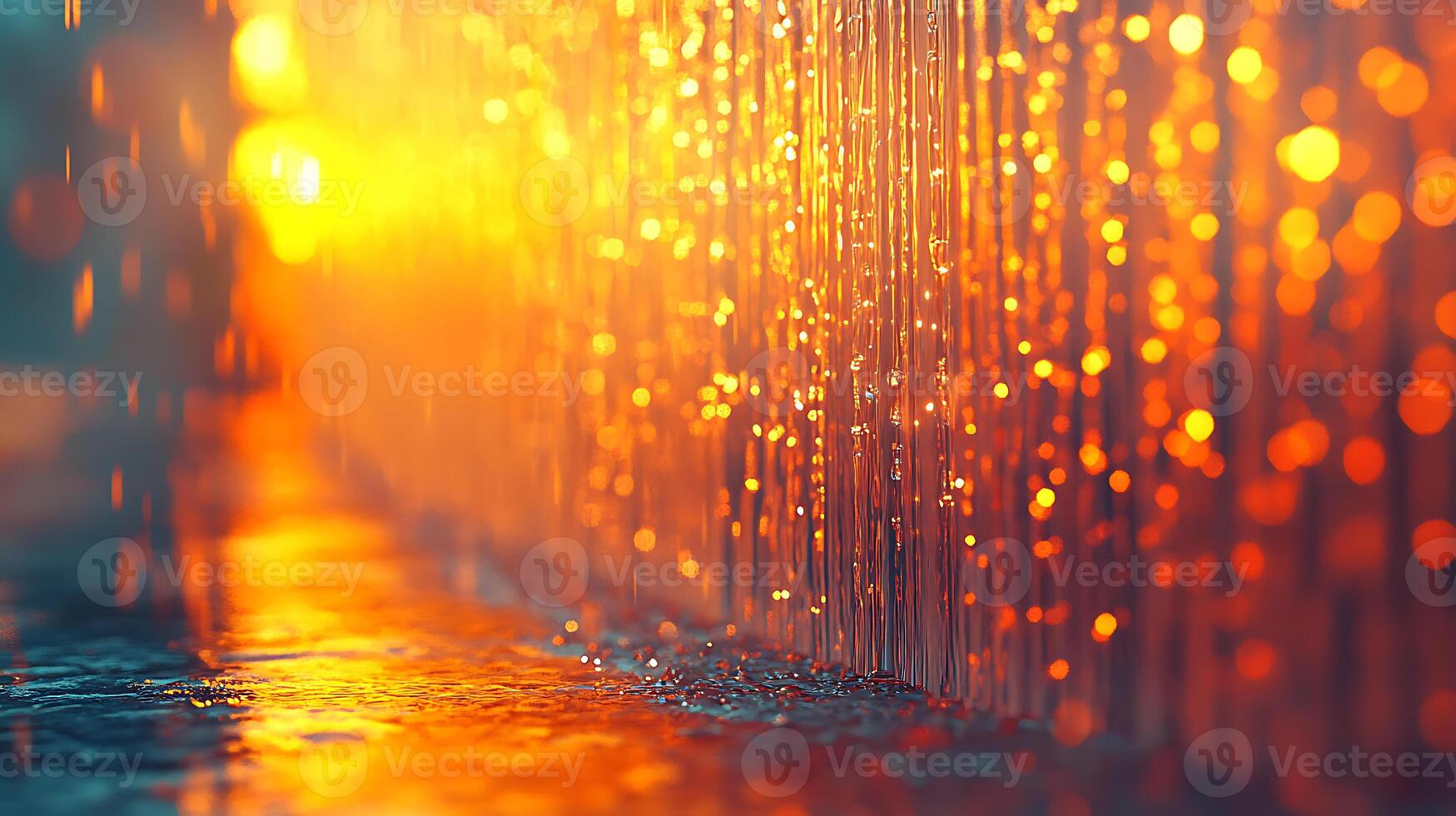 Golden Hour Sparks Over Flowing Water Under Soft Bokeh Lighting Effects photo