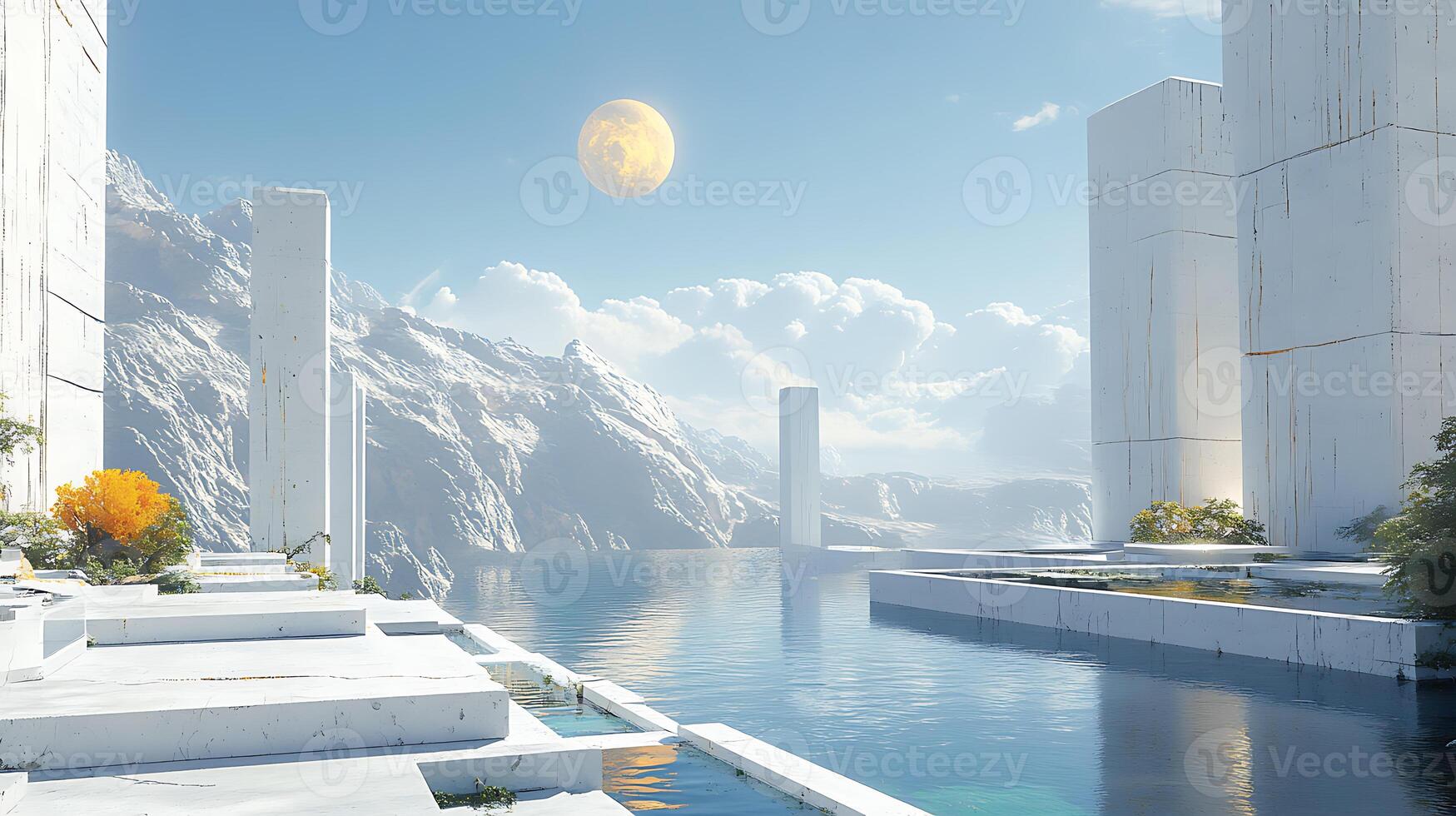 Serene Futuristic Marble Structures Reflecting Over Pristine Waters Under Moonlight photo